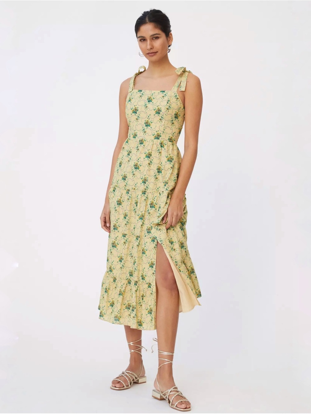 PAIGE Tamika Butter Yellow Floral Cotton Blend Smocked Tiered Midi Dress Size XS